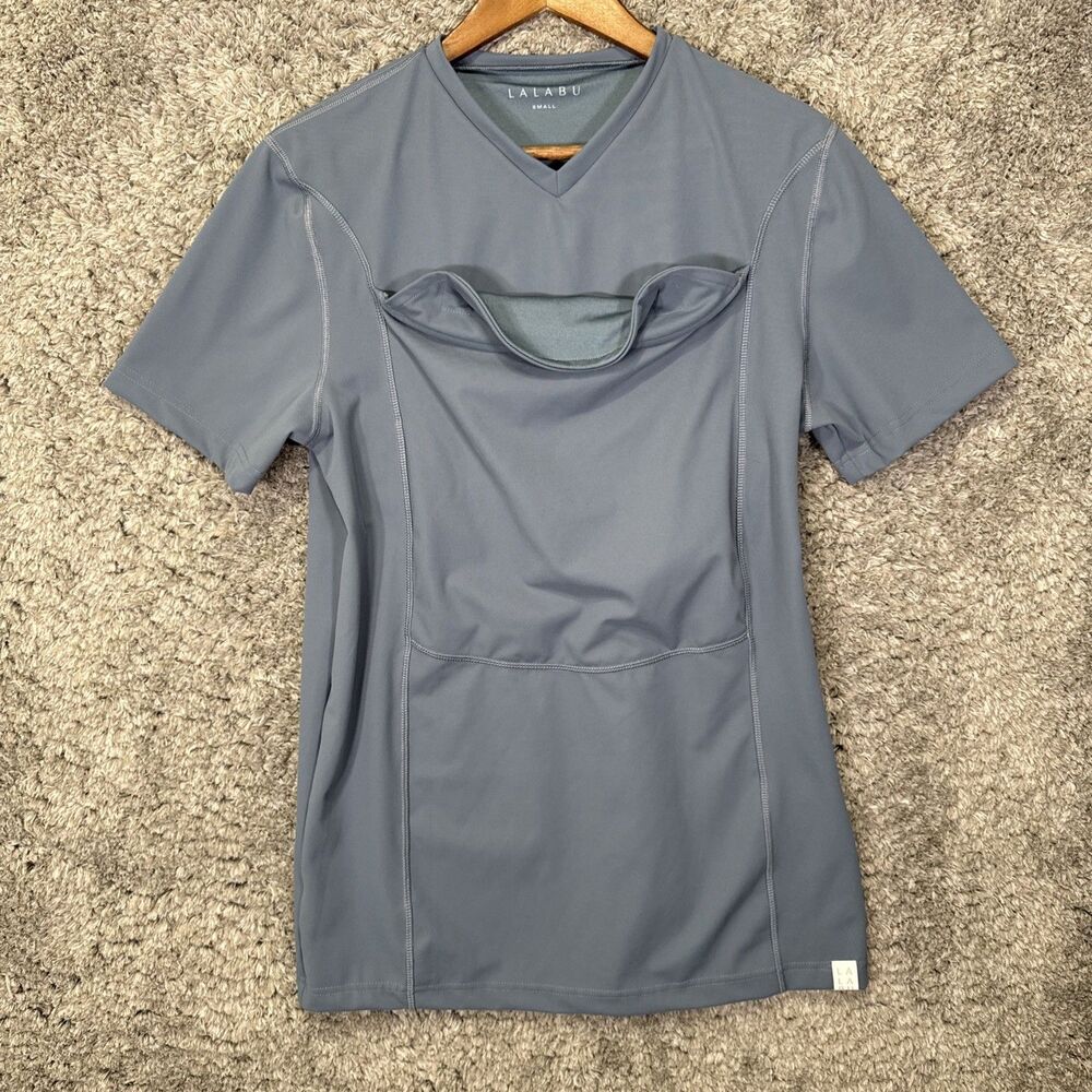 Lalabu Baby Carrying Dad Shirt Size Small Blue V Neck Stretch Men’s